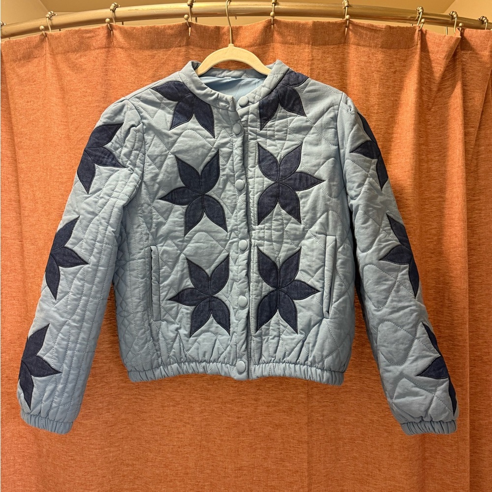 Lightweight Blue Quilted Jacket with Floral Pattern